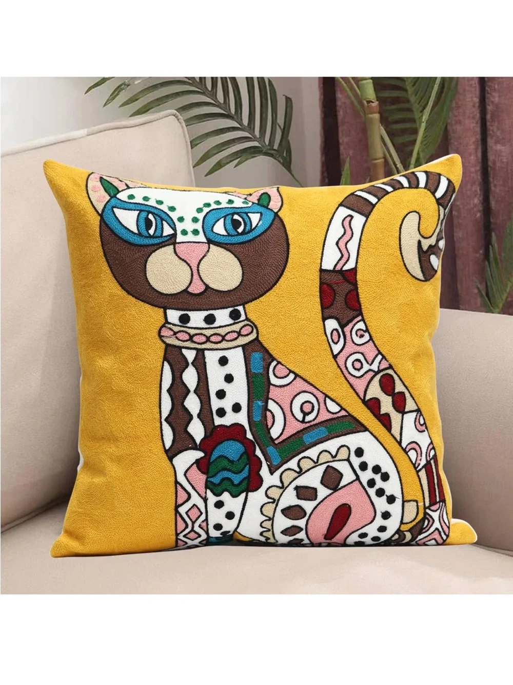 Egyptian Cat Mom Funky Hand Woven 18x18 Cat Pillow cover Yellow gift